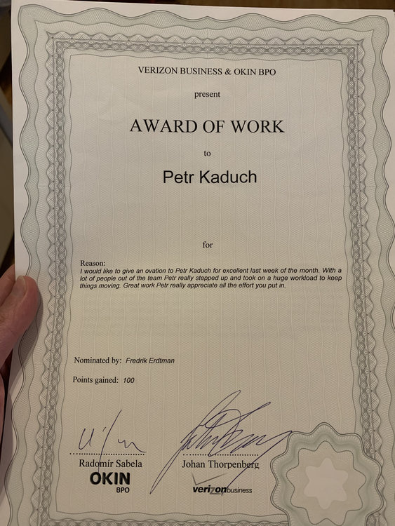 Verizon Business & OKIN BPO — Award of Work