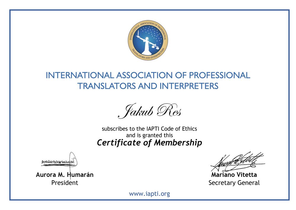 Certificate of Membership at IAPTI (Jakub Res)