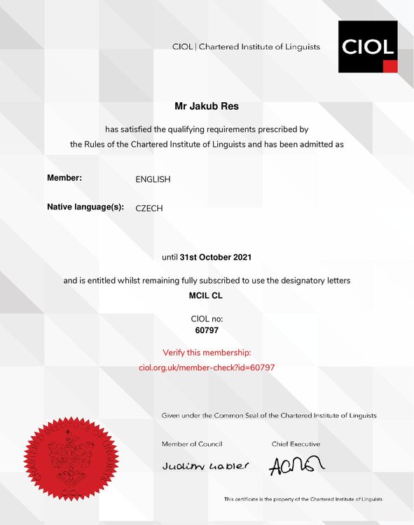 Jakub Res: Membership certificate from CIOL (Chartered Institute of Linguists)